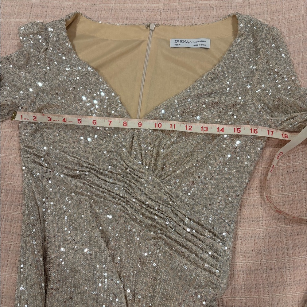 Sequined Long Sleeve V-Neck Evening Dress - Champagne - Picture 8 of 13